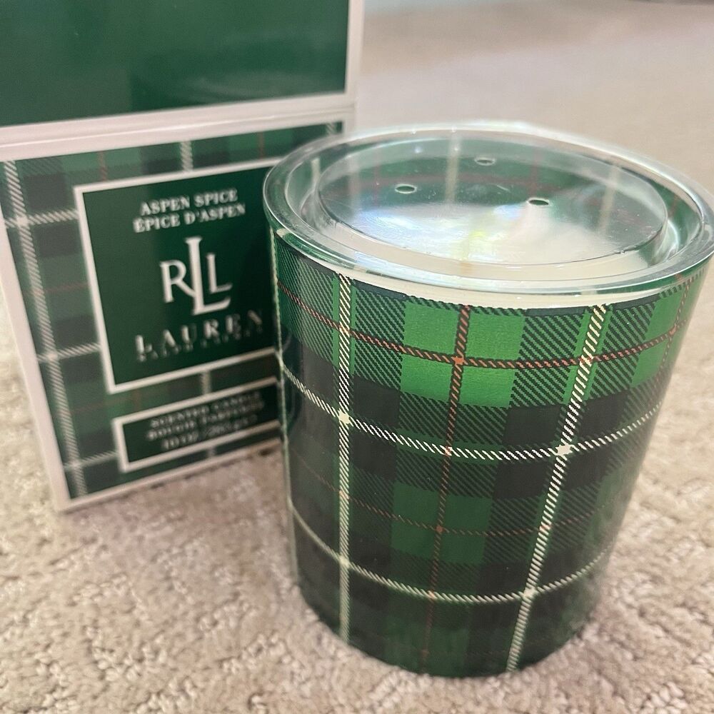 Lauren Ralph Lauren 10 oz Scented Candle Aspen Spice Green Tartan Plaid Decor